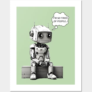 Cute Robot Tired of People retro anime comic funny design Posters and Art